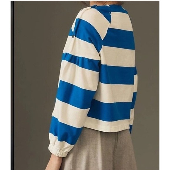 Maeve by Anthro French Terry Sweatshirt Blue White Stripes Silver Snaps XL - Picture 2 of 8